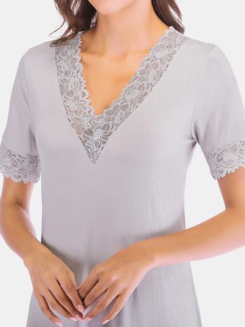 Women Modal Lace-trim Casual Loungewear Short Sleeve Sleepwear Nightgown - Image 4