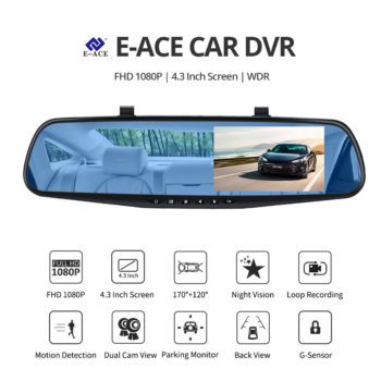 E-ACE Full HD 1080P Car Dvr Camera Auto 4.3 Inch Rearview Mirror Digital Video Recorder Dual Lens Registratory Camcorder - Image 6