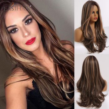 EASIHAIR Long Wavy Brown Synthetic Wigs With Blonde Highlights Cosplay Natural Hair Wigs High Temperature Fiber For Black Women