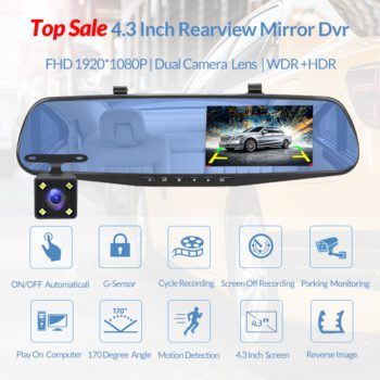 E-ACE Full HD 1080P Car Dvr Camera Auto 4.3 Inch Rearview Mirror Digital Video Recorder Dual Lens Registratory Camcorder