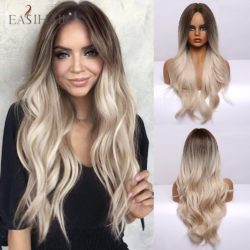EASIHAIR Ombre Brown Light Blonde Platinum Long Wavy Middle Part Hair Wig Cosplay Natural Heat Resistant Synthetic Wig for Women