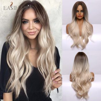 EASIHAIR Ombre Brown Light Blonde Platinum Long Wavy Middle Part Hair Wig Cosplay Natural Heat Resistant Synthetic Wig for Women