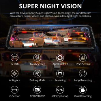 AZDOME Car dvr PG12 Dual Lens Rear View Camera 10" Full-Screen Touching 1296P Dash Cam Streaming Media Night Vision Dash camera - Image 2