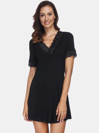 Women Modal Lace-trim Casual Loungewear Short Sleeve Sleepwear Nightgown - Image 7