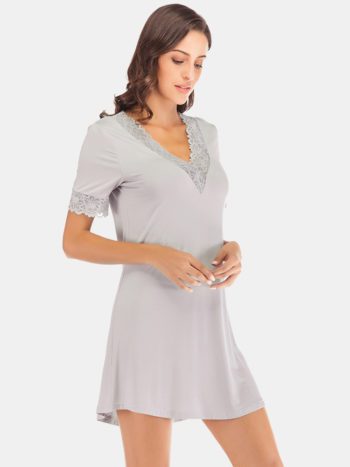 Women Modal Lace-trim Casual Loungewear Short Sleeve Sleepwear Nightgown - Image 5