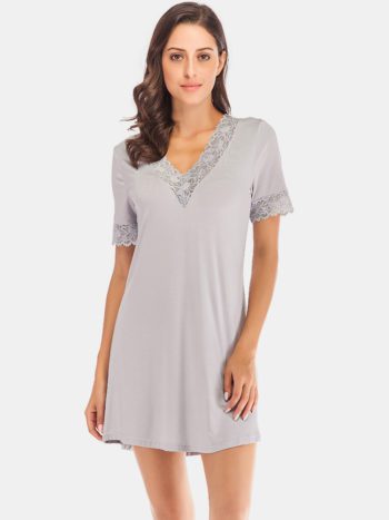 Women Modal Lace-trim Casual Loungewear Short Sleeve Sleepwear Nightgown - Image 2