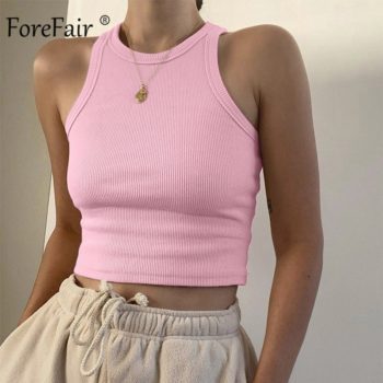 Forefair Ribbed Tank Tops Crop Vest Solid Harajuku Korean Female Off Shoulder Knitted Khaki White Summer Women Tops