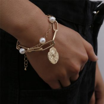 Gothic Baroque Pearl Coin Pendant Choker Necklace for Women Bead Lariat Gold Color Long Chain Necklace