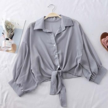 HELIAR Chiffon Shirts Women Half Sleeve Buttoned Up Shirt Loose Casual Blouse Tied Waist Elegant Blouses For Women