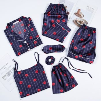 JULY'S SONG Pink Women's 7 Pieces Pajamas Sets Emulation Silk Striped Pyjama Women Sleepwear Sets Spring Homewear