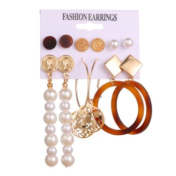 EN 12 Pairs Flower Women'S Earrings Set Pearl Crystal Stud Earrings Boho Geometric Tassel Earrings For Women Jewelry Gift