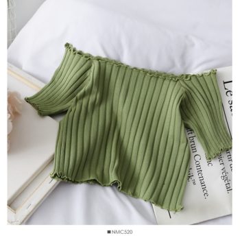 HELIAR Women T-shirt Off Shoulder Knitting Crop Tops Women Fashion Solid Short Sleeve Skinny T-shirts Women