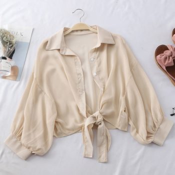 HELIAR Chiffon Shirts Women Half Sleeve Buttoned Up Shirt Loose Casual Blouse Tied Waist Elegant Blouses For Women