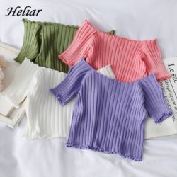 HELIAR Women T-shirt Off Shoulder Knitting Crop Tops Women Fashion Solid Short Sleeve Skinny T-shirts Women