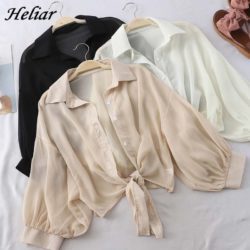 HELIAR Chiffon Shirts Women Half Sleeve Buttoned Up Shirt Loose Casual Blouse Tied Waist Elegant Blouses For Women