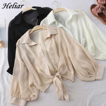 HELIAR Chiffon Shirts Women Half Sleeve Buttoned Up Shirt Loose Casual Blouse Tied Waist Elegant Blouses For Women