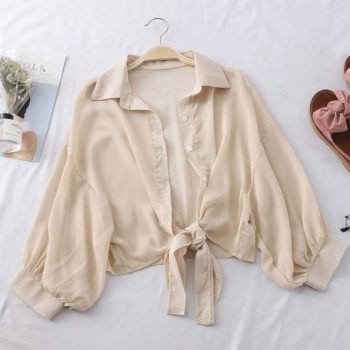 HELIAR Chiffon Shirts Women Half Sleeve Buttoned Up Shirt Loose Casual Blouse Tied Waist Elegant Blouses For Women