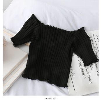 HELIAR Women T-shirt Off Shoulder Knitting Crop Tops Women Fashion Solid Short Sleeve Skinny T-shirts Women