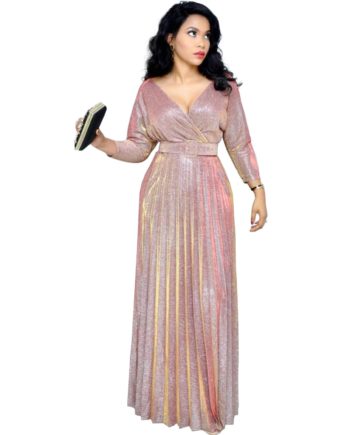 Reflective Long Dresses Women Party Night V Neck Elegant Belt Glitter Maxi Pink Pleated Dress Vestidos Robe Femme