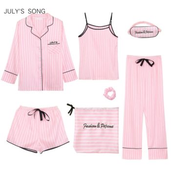 JULY'S SONG Pink Women's 7 Pieces Pajamas Sets Emulation Silk Striped Pyjama Women Sleepwear Sets Spring Homewear