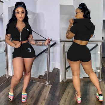Women's Suits set Casual Two-Piece Hoodie Crop Top with Biker Shorts Set Short Sleeve Drawstring Tracksuits Outfits - Image 2