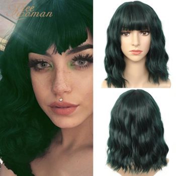 FREEWOMAN Green Synthetic Wig Lolita Short Bob Wig With Bangs Cosplay Water Wave Synthetic Hair Wigs For Women American Style