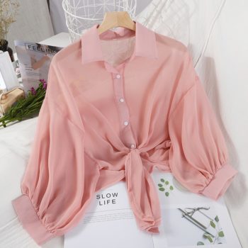 HELIAR Chiffon Shirts Women Half Sleeve Buttoned Up Shirt Loose Casual Blouse Tied Waist Elegant Blouses For Women