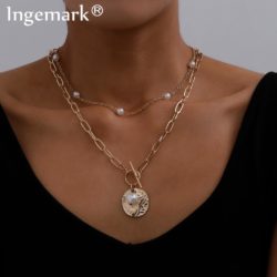 Gothic Baroque Pearl Coin Pendant Choker Necklace for Women Bead Lariat Gold Color Long Chain Necklace