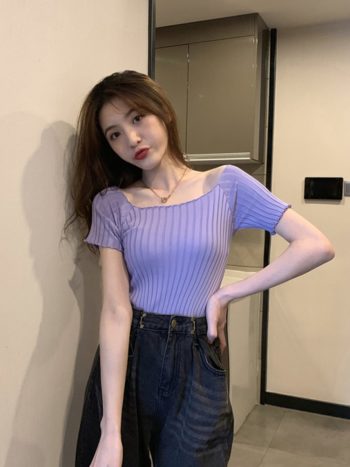 HELIAR Women T-shirt Off Shoulder Knitting Crop Tops Women Fashion Solid Short Sleeve Skinny T-shirts Women