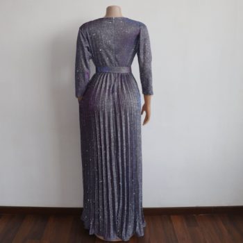 Reflective Long Dresses Women Party Night V Neck Elegant Belt Glitter Maxi Pink Pleated Dress Vestidos Robe Femme