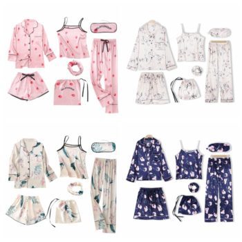 JULY'S SONG Pink Women's 7 Pieces Pajamas Sets Emulation Silk Striped Pyjama Women Sleepwear Sets Spring Homewear
