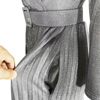 Reflective Long Dresses Women Party Night V Neck Elegant Belt Glitter Maxi Pink Pleated Dress Vestidos Robe Femme