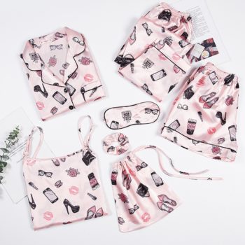 JULY'S SONG Pink Women's 7 Pieces Pajamas Sets Emulation Silk Striped Pyjama Women Sleepwear Sets Spring Homewear