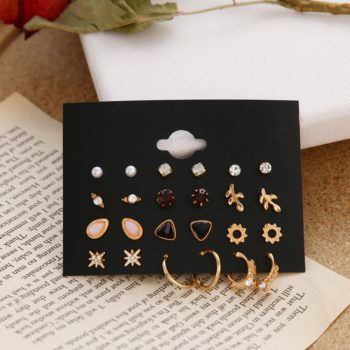 EN 12 Pairs Flower Women'S Earrings Set Pearl Crystal Stud Earrings Boho Geometric Tassel Earrings For Women Jewelry Gift