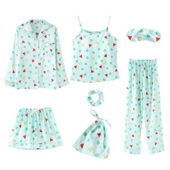 JULY'S SONG Pink Women's 7 Pieces Pajamas Sets Emulation Silk Striped Pyjama Women Sleepwear Sets Spring Homewear