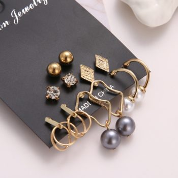 EN 12 Pairs Flower Women'S Earrings Set Pearl Crystal Stud Earrings Boho Geometric Tassel Earrings For Women Jewelry Gift