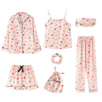 JULY'S SONG Pink Women's 7 Pieces Pajamas Sets Emulation Silk Striped Pyjama Women Sleepwear Sets Spring Homewear