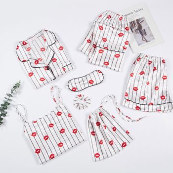 JULY'S SONG Pink Women's 7 Pieces Pajamas Sets Emulation Silk Striped Pyjama Women Sleepwear Sets Spring Homewear
