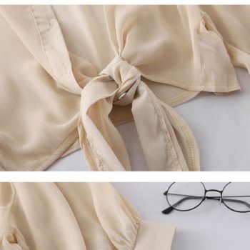HELIAR Chiffon Shirts Women Half Sleeve Buttoned Up Shirt Loose Casual Blouse Tied Waist Elegant Blouses For Women