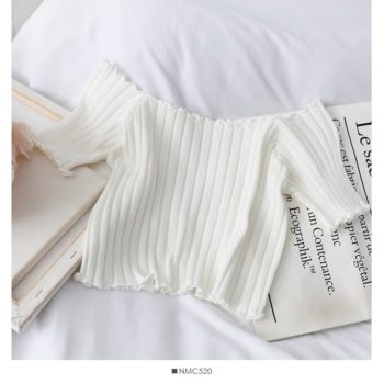 HELIAR Women T-shirt Off Shoulder Knitting Crop Tops Women Fashion Solid Short Sleeve Skinny T-shirts Women