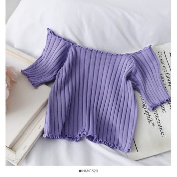 HELIAR Women T-shirt Off Shoulder Knitting Crop Tops Women Fashion Solid Short Sleeve Skinny T-shirts Women