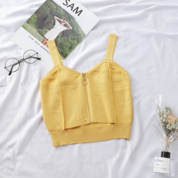HELIAR Tops Women Crop Top Zipper Knitting Camisole With Hole Female Tank Tops Ladies Sleeveless Solid Strap Top Women