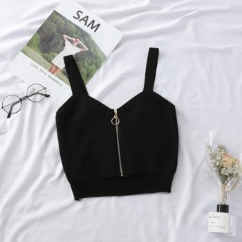 HELIAR Tops Women Crop Top Zipper Knitting Camisole With Hole Female Tank Tops Ladies Sleeveless Solid Strap Top Women