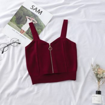 HELIAR Tops Women Crop Top Zipper Knitting Camisole With Hole Female Tank Tops Ladies Sleeveless Solid Strap Top Women