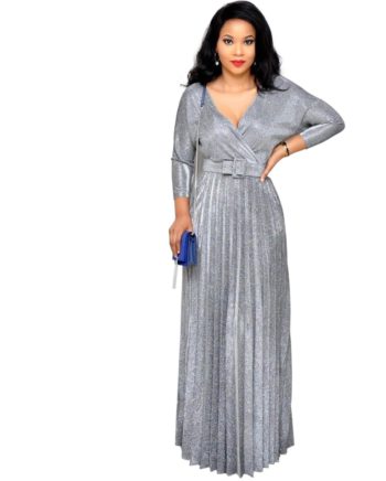 Reflective Long Dresses Women Party Night V Neck Elegant Belt Glitter Maxi Pink Pleated Dress Vestidos Robe Femme