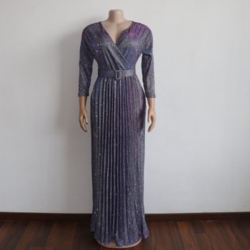 Reflective Long Dresses Women Party Night V Neck Elegant Belt Glitter Maxi Pink Pleated Dress Vestidos Robe Femme