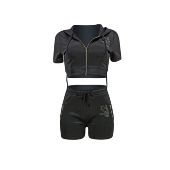 Women's Suits set Casual Two-Piece Hoodie Crop Top with Biker Shorts Set Short Sleeve Drawstring Tracksuits Outfits - Image 3