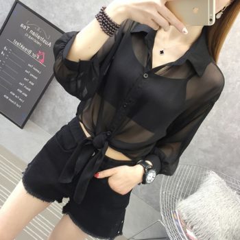 HELIAR Chiffon Shirts Women Half Sleeve Buttoned Up Shirt Loose Casual Blouse Tied Waist Elegant Blouses For Women