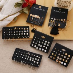 EN 12 Pairs Flower Women'S Earrings Set Pearl Crystal Stud Earrings Boho Geometric Tassel Earrings For Women Jewelry Gift