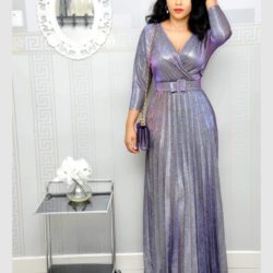 Reflective Long Dresses Women Party Night V Neck Elegant Belt Glitter Maxi Pink Pleated Dress Vestidos Robe Femme